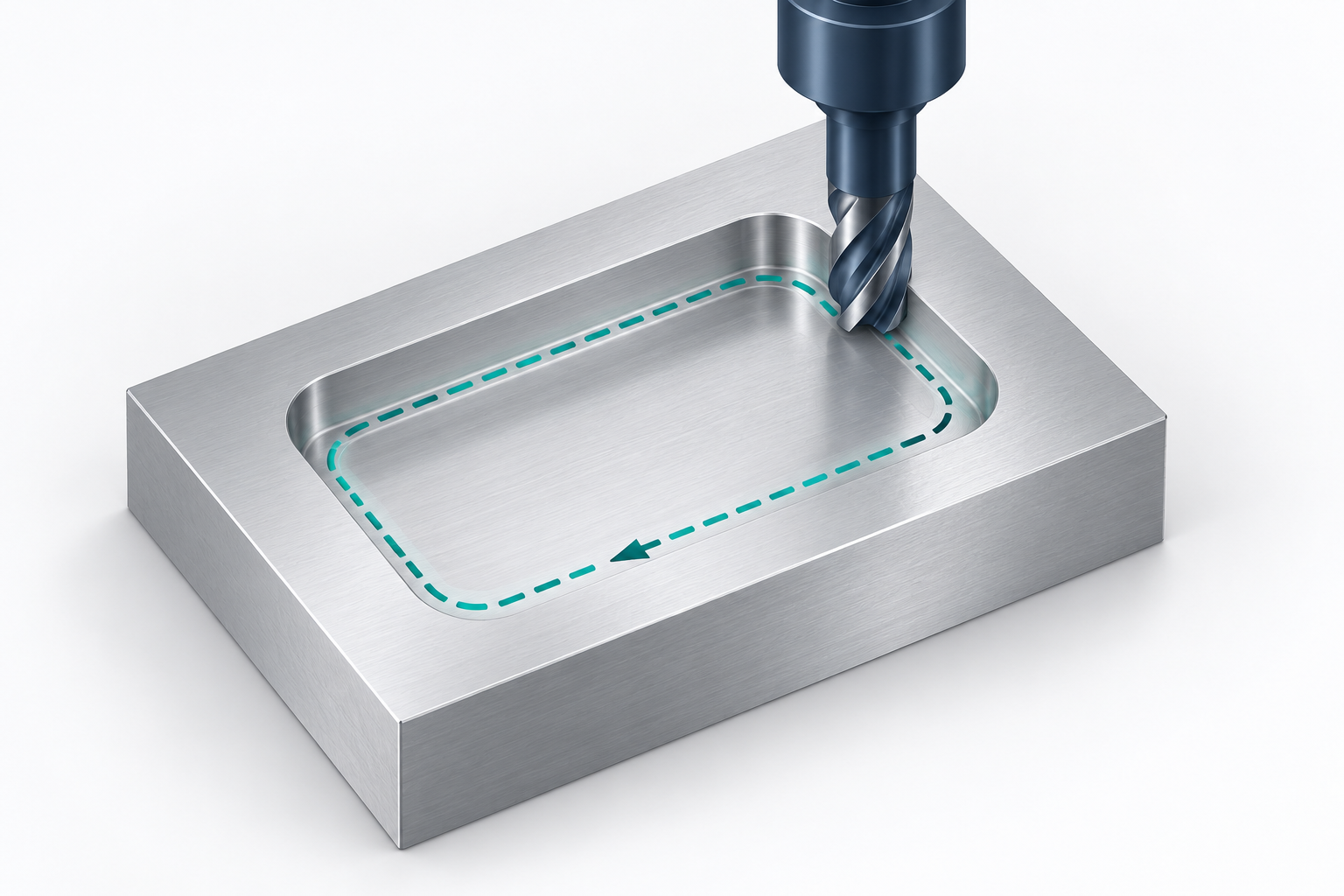 Conceptual isometric illustration of an end mill above a recessed metal workpiece with a teal dashed toolpath.